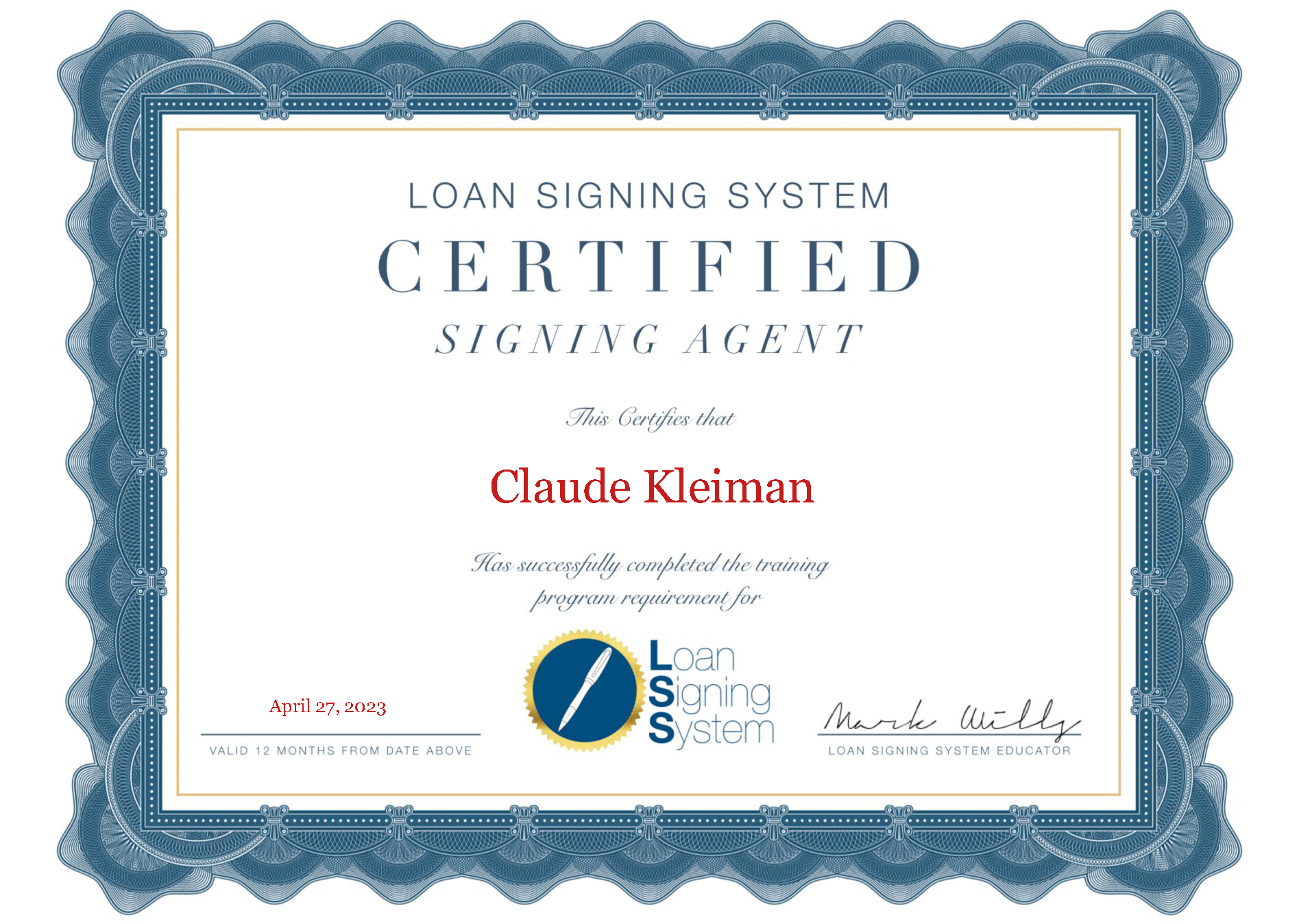 Loan Signing System Certificate