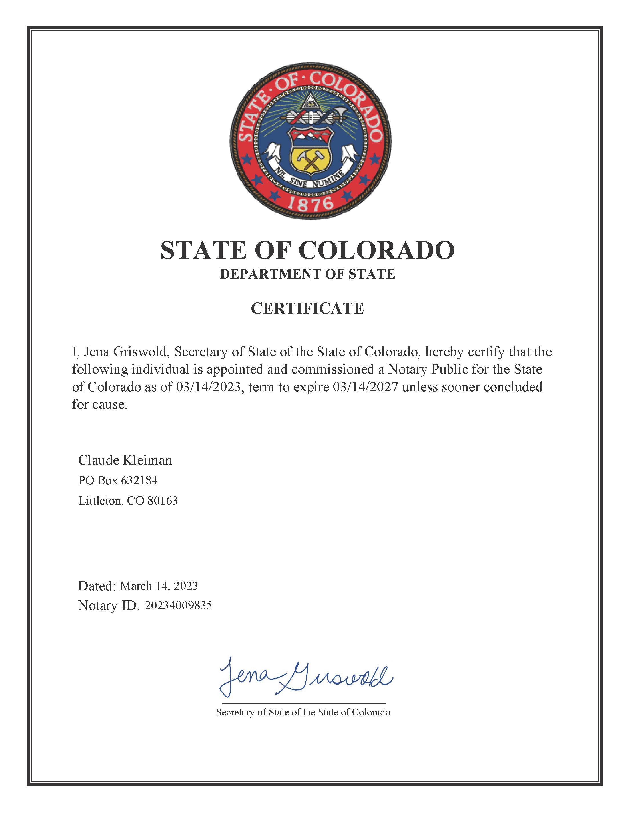 Colorado Notary Certificate